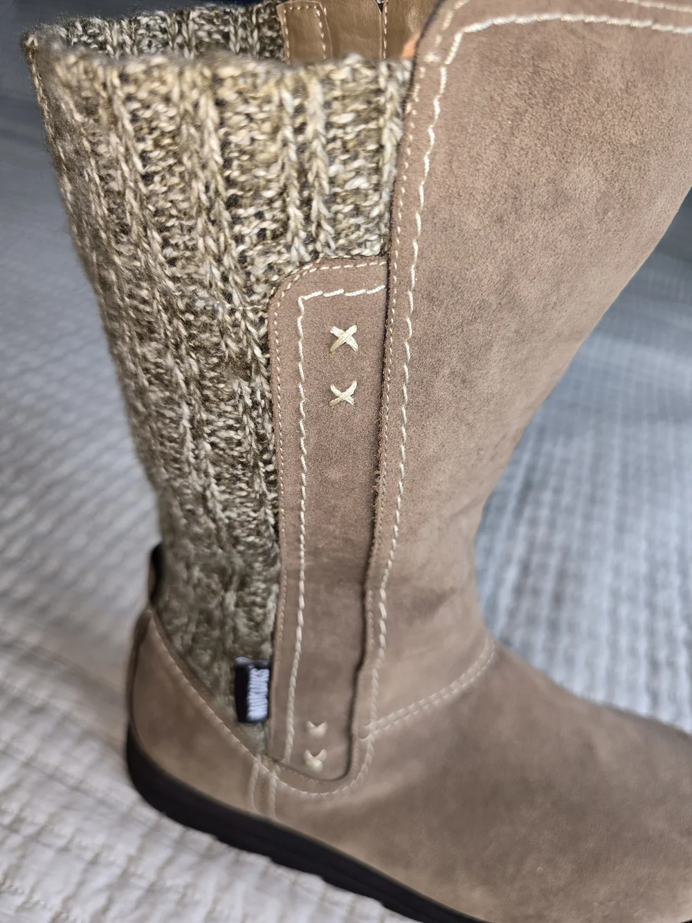 Muk Luks Taupe Suede Mid-Calf Boots with Knit Cuff